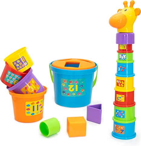Fun Time Baby Stacking Cups Toy, 15pcs Building Cups and Sorting Blocks, Storage Bucket with Carry Handle Have Fun in Water & Sand for Toddlers