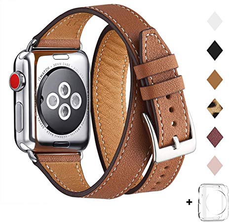 Bestig Band Compatible for Apple Watch 38mm 40mm 42mm 44mm, Genuine Leather Double Tour Designed Slim Replacement iwatch Strap for iWatch Series 5/4/3/2/1 (Brown Band Silver Adapter, 38mm 40mm)