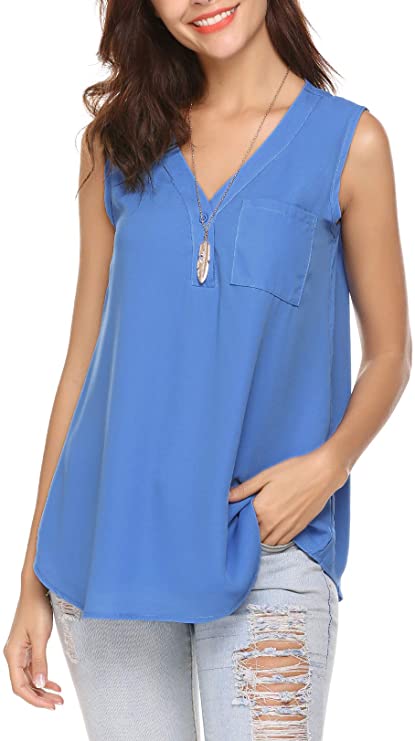 ACEVOG Women Casual V-Neck Sleeveless Solid Chiffon Tank Top