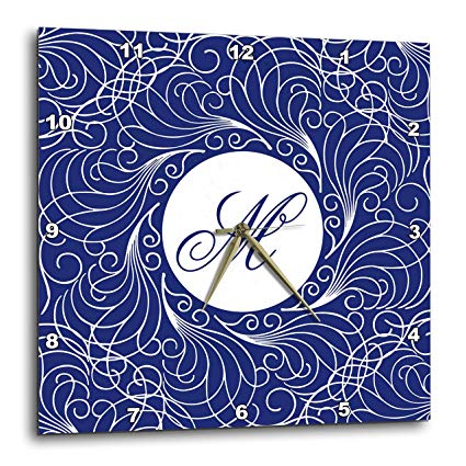 3dRose Russ Billington Monograms- Girly Swirly- Letter M - Letter M- Girly Swirly Monogram with Graceful Curves in Blue and White - 10x10 Wall Clock (DPP_299689_1)