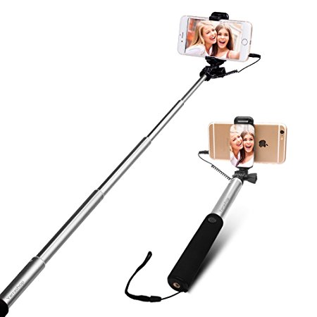 Selfie Stick,Yarrashop®【Battery Free】Wire Control Selfie Sticks With Big View Finder for Android Smartphones & Apple , eg Samsung S6/S6 Edge,S7/S7 Edge,S8/S8 Plus,S5 ,J7 ,A5 ,iPhone 6s /6s Plus (Silver)