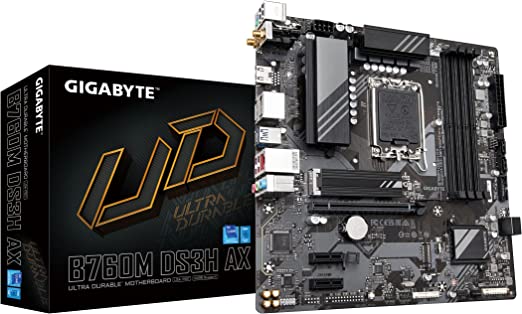 GIGABYTE B760M DS3H AX (LGA 1700/ Intel/ B760/ M-ATX/ DDR5/ 2* M.2/ PCIe 4.0/ USB 3.2 Gen 2 Type-C/WiFi 6E/ 2.5GbE LAN/Q-Flash Plus/PCIe EZ-Latch/Motherboard)