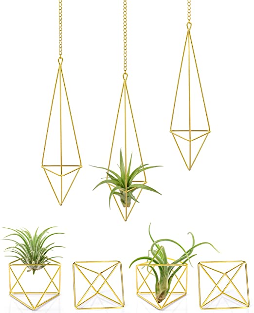 Mkono 7 Pack Air Plant Holder Metal Himmeli Decor Modern Geometric Planter, 3 Pcs Hanging Airplants Rack Tillandsia Hanger and 4 Pcs Mini Tabletop Air Fern Display Stand for Home Office Wedding, Gold
