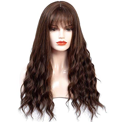 HUA MIAN LI Long Wavy Wig With Air Bangs Silky Full Heat Resistant Synthetic Wig for Women - Natural Looking Machine Made Grey Pink 26 inch Replacement Wig for Party Cosplay Body Wavy (Brown) …