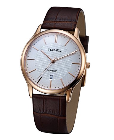TOPHILL Sf210 Classic Quartz Brown Leather Men's Watch Slim Rose Gold Case