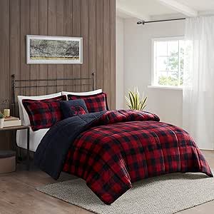 Woolrich Reversible Comforter Set Ultra Soft Plush to Sherpa, Down Alternative, Cold Weather Winter Warm Bedding, with Matching Sham, Decorative Pillow Red/Black Buffalo Check Full/Queen 4 Piece