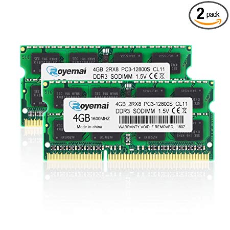 ROYEMAI PC3-12800, DDR3 1600, RAM DDR3 8GB Kit (2x4GB) 1.5V CL11 204-pin 2Rx8 PC3 12800S 1600 MHZ DDR3 Notebook Memory RAM Modules for Laptop