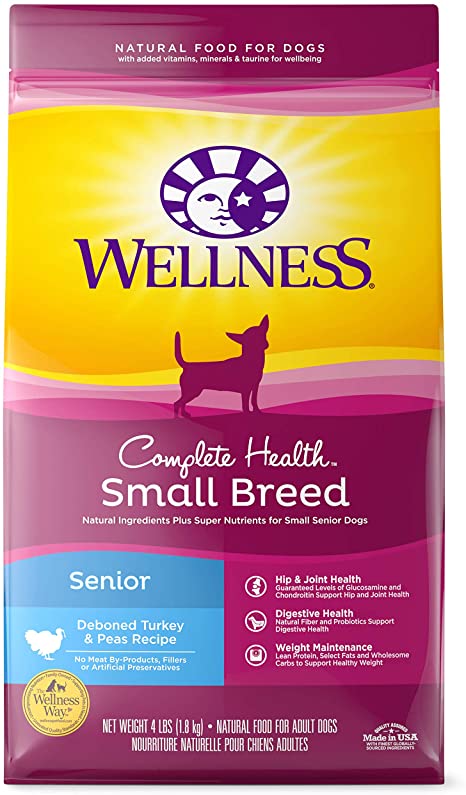 Wellness Complete Health Natural Dry Small Breed Senior Dog Food, Turkey & Peas, 4-Pound Bag