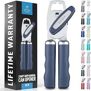 Zulay Kitchen Heavy Duty Stainless Steel Can Opener Manual with Bottle Opener - Rust Proof Manual Can Opener Smooth Edge and Easy Turn Knob, Soft Grip Handles For Seniors - Blue