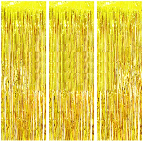 3 Pack Metallic Tinsel Foil Fringe Curtains, 9.84 ft x 6.56 ft for Birthday Party, Wedding, Anniversary, Graduation Decorations, Props Backdrop Decorations (Gold, 3 Pack)