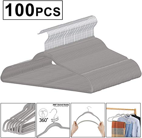 ZENY Pack of 100 Premium Velvet Hangers - Non Slip Velvet Suit Hangers - 360° Swivel Hooks - Space Saving Clothes Hangers (Grey)