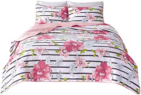 Comfort Spaces Zoe 2 Piece Quilt Coverlet Bedspread Adorable Ultra Soft Microfiber Printed Floral Design Bedding Set, Twin/Twin XL, Pink