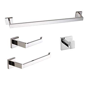 LuckIn 4pcs Bathroom Hardware Set Stainless Steel, Chrome Polished Towel Bar Set, Wall Mounted Toilet Paper Holder Set with Robe Hook, Modern Style Complete Bathroom Towel Rod Accessory Kit, TRS001A