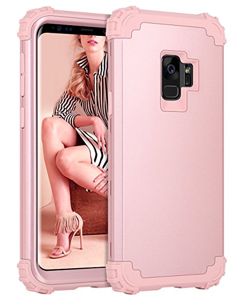 Samsung Galaxy S9 Case, Samsung S9 Case Rose Gold, BENTOBEN Ultra Slim Thin Fit 3 In 1 Hybrid Hard PC and Soft Silicone Heavy Duty Rugged Bumper Shockproof Anti Slip Full-Body Protective Girly Case [Support Wireless Charging] for Samsung Galaxy S9 2018 - Rose Gold