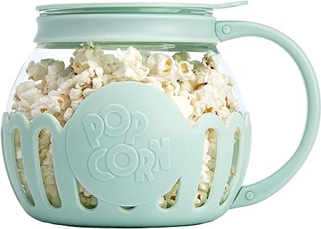 Ecolution Patented Micro-Pop Microwave Popcorn Popper with Temperature Safe Glass, 3-in-1 Lid Measures Kernels and Melts Butter, Made Without BPA, Dishwasher Safe, 1.5-Quart, Aqua