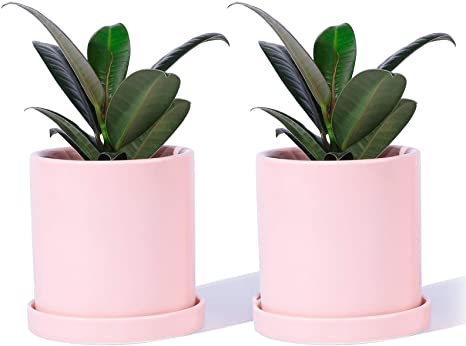 POTEY Ceramic Plant Pots with Saucers - 3.8" Flower Planter Indoor with Drainage Medium Container Minimalism Round - Set of 2, Pink