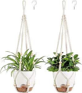 Mkono 6.5 Inch Hanging Planters, Macrame Plant Hangers with Self Watering Plant Pots Indoor Set of 2 Hanging Baskets Flower Pot Holders with Hooks No Tassels for Boho Home Decor, Ivory