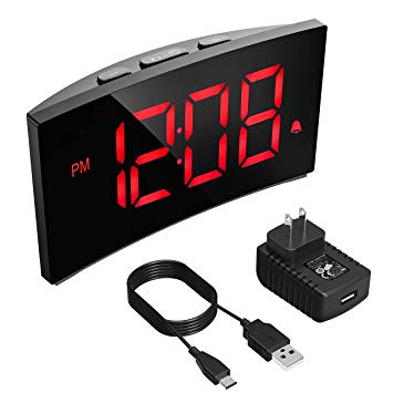 PICTEK Digital Alarm Clock, 5'' Dimmable Curved LED Screen Time Clock for Kids Bedrooms Desk Living Room, Big Digit Display, Snooze, 12/24 Hour, Battery Backup, USB Charger, Power Adapter, Red