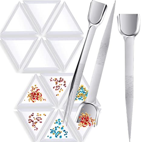 3 Pieces Stainless Steel Handy Tweezers with Scoop Beads Gems Pickup Tweezers and 20 Pieces Bead Sorting Trays Triangle White Plastic Trays for Beads Gems Rhinestone Crystals