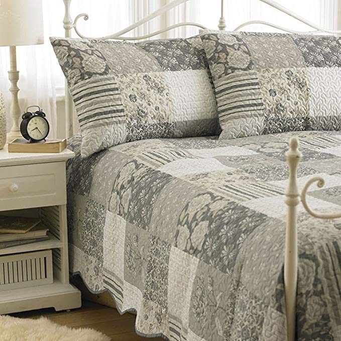 Vienna Patchwork Embossed Quilted Bedspread Set Bed Spread Pillow Shams, Polyester, Grey, Double