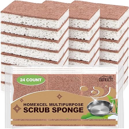 HOMEXCEL Natural Scrub Sponges Kitchen 24 Pack, Non-Scratch Cleaning Sponges for Dishes, Cellulose Sponges Safe on Non-Stick Cookware, Dual Sided Dish Sponge for Washing Dishes, Kitchen and Household