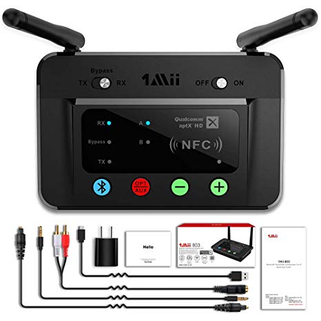 1Mii Long Range Bluetooth Transmitter Receiver Bluetooth Audio Adapter Bluetooth Transmitter for TV PC Home Stereo, aptX Low Latency & Dual Link, Optical RCA AUX 3.5mm