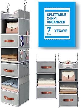 Yecaye 7-Shelf Hanging Closet Organizer, Flexible 1 Split into 2 Closet Organizers and Storage, Hanging Storage Organizer Shelves with 3 Drawers 4 Side Pockets for Bedroom Nursery Closet Clothes Rack