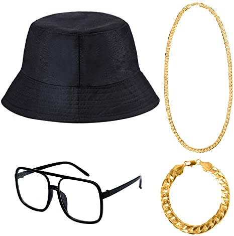 Cooraby 4 Pack 80s/90s Hip Hop Costume Kit Necklace Bracelet Bucket Hat Sunglass