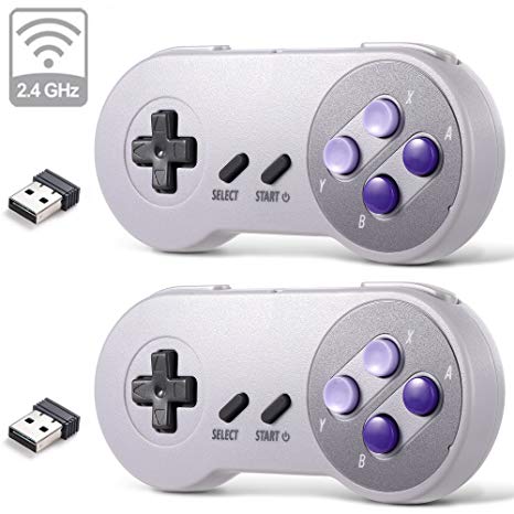 2 Pack 2.4 GHz Wireless USB Controller Compatible with Super Famicom Games, iNNEXT SNES Retro USB PC Super Classic Controller for Windows PC MAC Linux Genesis Raspberry Pi Retropie (Purple/Gray)