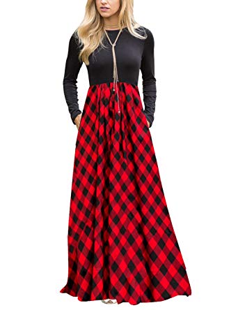 MEROKEETY Women's Plaid Long Sleeve Empire Waist Full Length Maxi Dress with Pockets