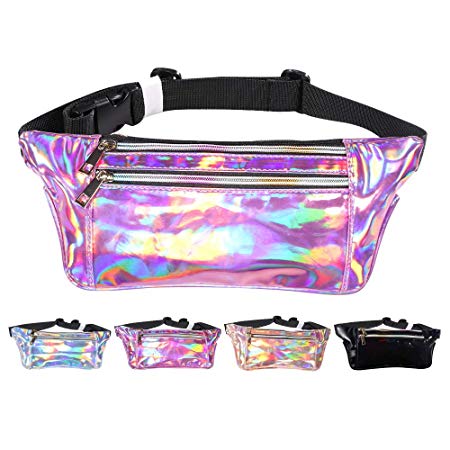 iAbler Holographic Fanny Pack for Women and Men Metallic 80s Shiny Fanny Packs with Adjustable Belt Fashion Waist Bum Bag for Party, Festival, Rave, Hiking, Trip