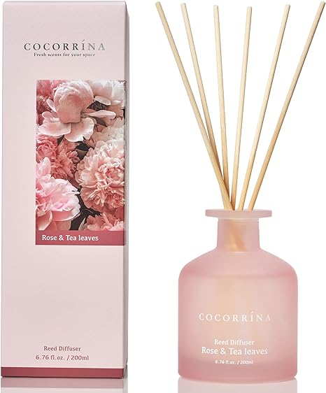 Cocorrína Reed Diffuser Sets - Rose & Tea Leaves 6.76oz Diffuser with Sticks Home Fragrance Essential Oil Reed Diffuser for Bedroom Bathroom Shelf Decor Office Decor