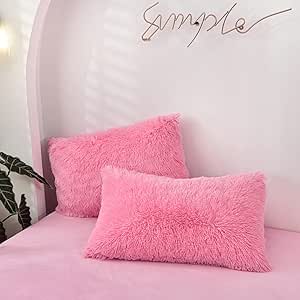 MorroMorn Decorative Pillows Covers, 2 Packs Faux Fur Pillow Cases Standard Size, Luxury Shaggy Throw Pillowcase Cushion Shams with Zipper Closure Room Decor for Couch Sofa Bed (Pink, Standard)