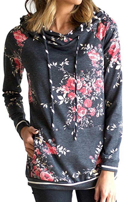 Angashion Women Hoodies-Tops- Floral Printed Long Sleeve Pocket Drawstring Sweatshirt with Pocket