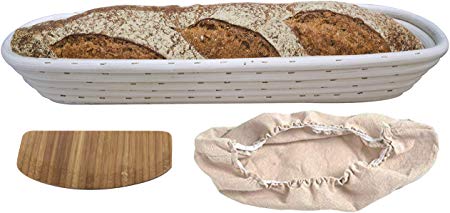 Banneton Proofing Baskets for Sourdough Bread | Round & Oval Wicker Cane Brotform Set for Batards with Bamboo Dough Scraper & Cloth Liner | Food-Safe Cane Bread Proofer for Rising (15" Baguette)