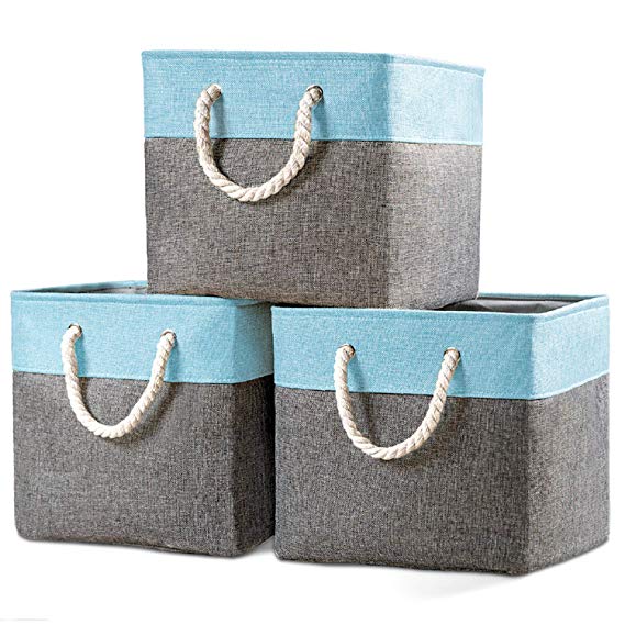 Prandom Large Foldable Cube Storage Baskets Bins 13x13 inch [3-Pack] Fabric Linen Collapsible Storage Bins Cubes Drawer with Cotton Handles Organizer for Shelf Toy Nursery Closet Bedroom(Gray/Blue)…