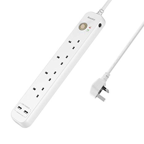 Huntkey USB Surge Protector, 2 USB Ports 4 Way Extension Lead with 2M Power Cord, Child-Protective Shutters, USB Power Strip for Home & Office