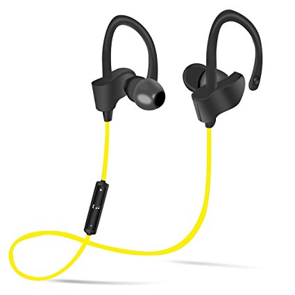 Bluetooth Headphones with Earhook Mic Wireless Earphones Sports in-ear Earbuds Sweatproof Noise Canceling V4.1 Headphones for Workout Running (Yellow)