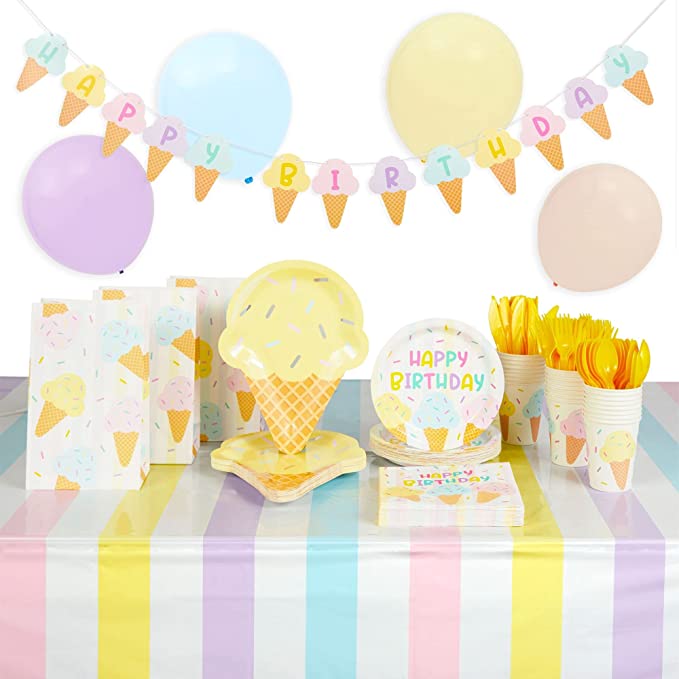 Ice Cream Birthday Party Supplies, Paper Plates, Napkins, Treat Bags, Tablecloths, Banners, and Balloons (Serves 24, 159 Pieces)