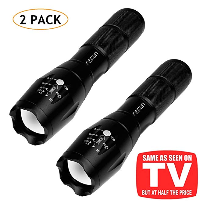 Refun LED Flashlight (2 PACK), Ultra Bright Handheld Flash Light, Portable Outdoor Water Resistant Torch with Adjustable Focus and 5 Light Modes for Camping Hiking