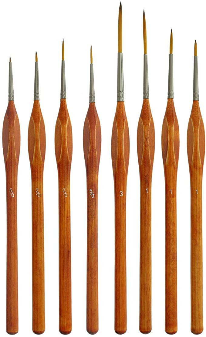 US Art Supply 8 Piece Taklon Detail and Liner Artist Brush Set with Wood Comfort Grip Handles - Art, Detailing, Acrylic, Oil, Watercolor