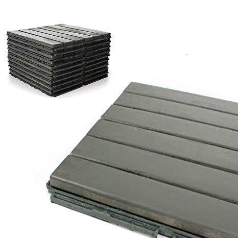 Deck Tiles - Patio Pavers - Acacia Wood Outdoor Flooring - Interlocking Patio Tiles - 12"x12" (10 Pack) - Modern Grey Finish - Straight Pattern Decking