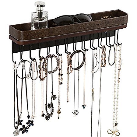 Jack Cube Hanging Jewelry Organizer Necklace Hanger Bracelet Holder Wall Mount Necklace Organizer with 25 Hooks(Brown) - MK124A (16.38 x 4.88 x 2.93 inches)