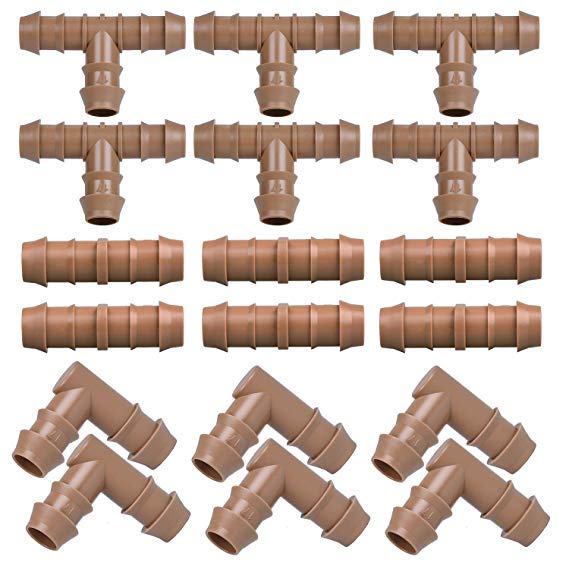 iRunning 18 Pieces Irrigation Fittings Kit (17mm) for 1/2” Tubing (0.600”ID) – Including 6 Tees, 6 Couplings, 6 Elbows – Barbed Connectors for Sprinkler and Drip Irrigation Systems