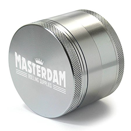 Masterdam Grinders Premium Large 2.5 Inch Herb Grinder with Pollen Catcher - 4 Piece Platinum Silver Aluminum