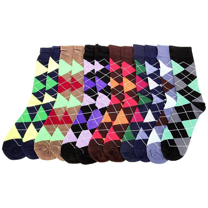 12 Pairs Assorted Colors Argyle Men Dress Socks Size 10-13 Fit Shoes Size 6-10