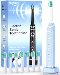 Bymore Electric Toothbrush for Adults,Travel Sonic Toothbrush with 8 Replacement Heads, Ultra Clean Rechargeable Toothbrush Portable One Charge for 330days 5 Modes 2mins Timer-Sky Blue