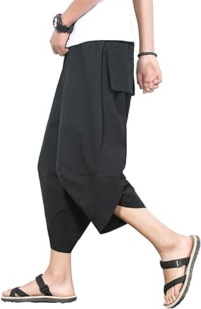 Men's Harem Capri Pants, Wide Leg Mens Capris, Summer Linen Pants