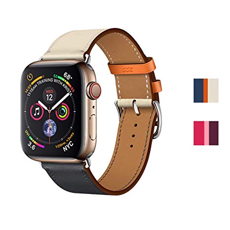 INTENY Genuine Leather Replacement Band Stainless Steel Buckle Single Tour Compatible iWatch Band Apple Watch Series 4/3 / 2/1, 38mm 40mm 42mm 44mm