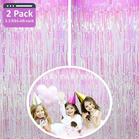 Moohome 2 Pack Iridescent Foil Fringe Curtain, Transparent Pink Fringe Backdrop Curtains for Birthday Wedding Engagement Bridal Shower Baby Shower Bachelorette Party Decorations